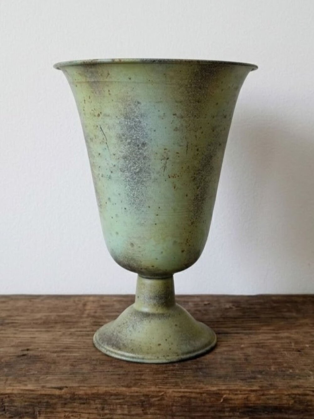 Vintage Metal Planter Pedestal Vase Made in India Painted Aged Patina Urn 10.5"